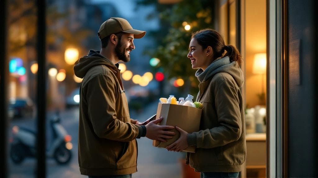Happy customer receiving grocery delivery at their doorstep