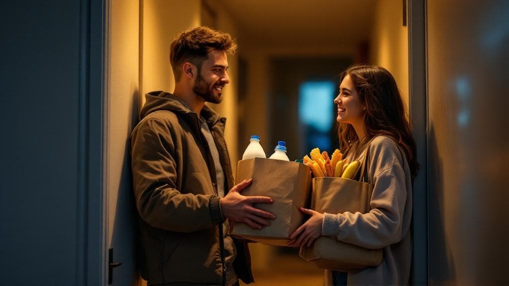 Delivery person handing groceries to a happy customer