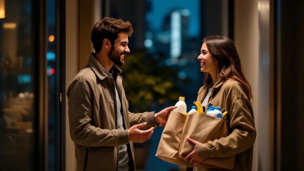Smiling couple with grocery delivery